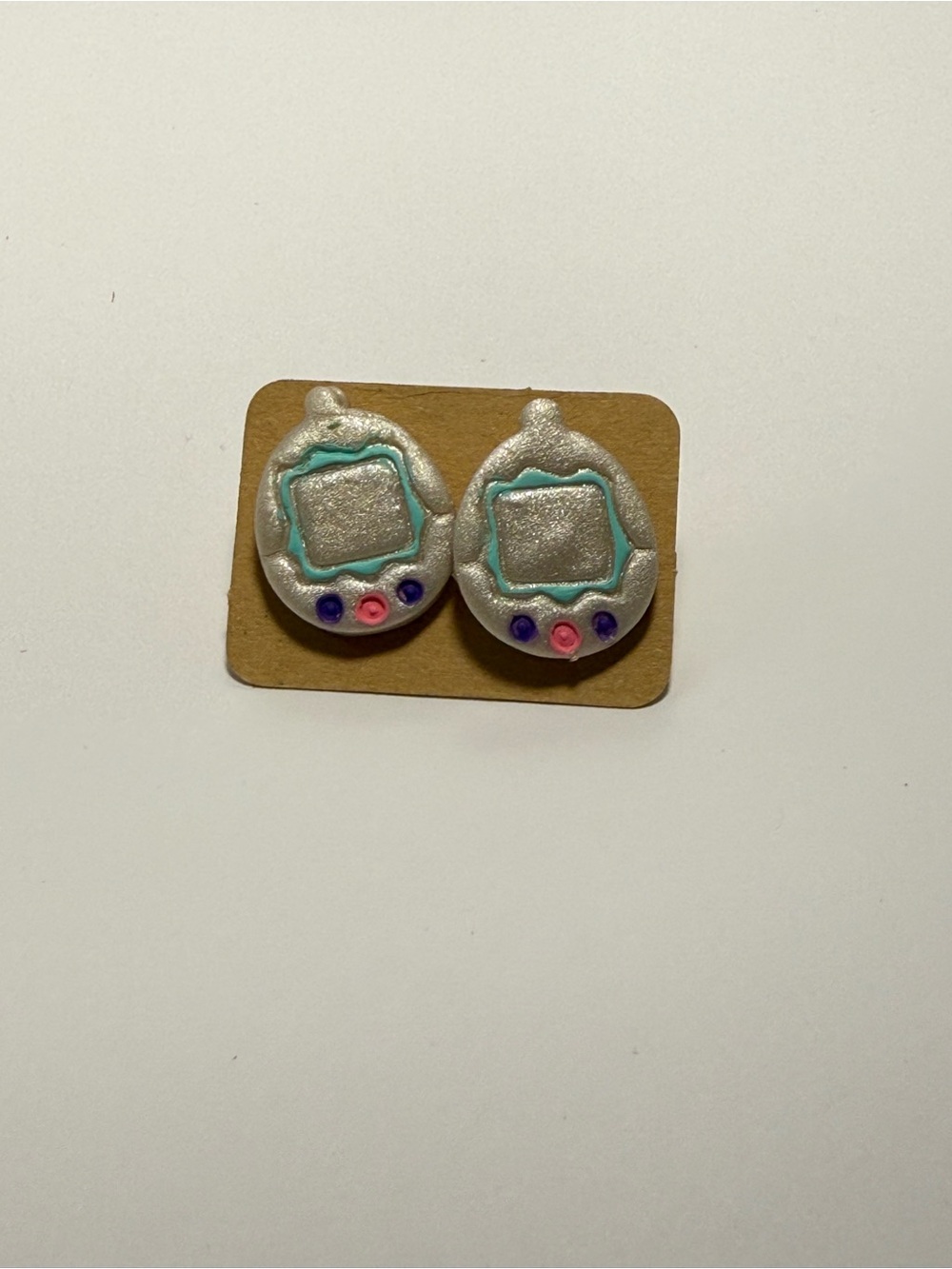 Silver Tamagotchi-Style Kids Stud Earrings with Teal and Pink Accents